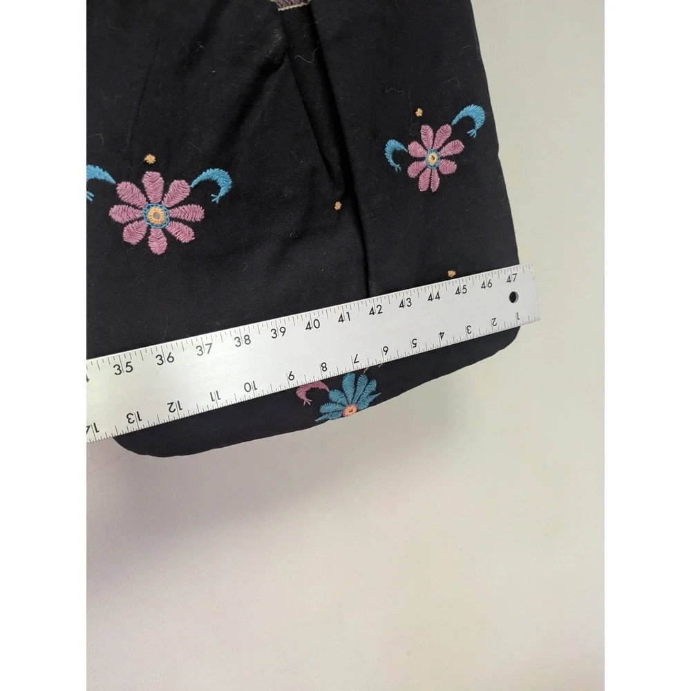 Black Floral Embroidered Cotton Tote‎ India Boho Hippie Shoulder Bag
